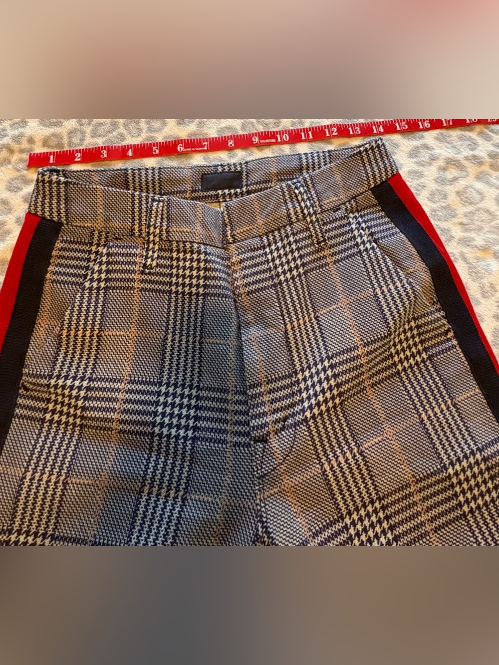 MOTHER Plaid Crop Pants with Red & Black Side Stripes
